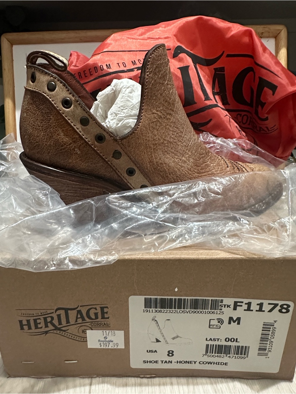 Heritage Brown Tan Leather Western Ankle Boots with Stud Trim